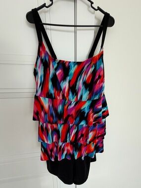 Inches Away Black & Multi Colored Swim Dress One Piece Swimsuit Plus Size 24W